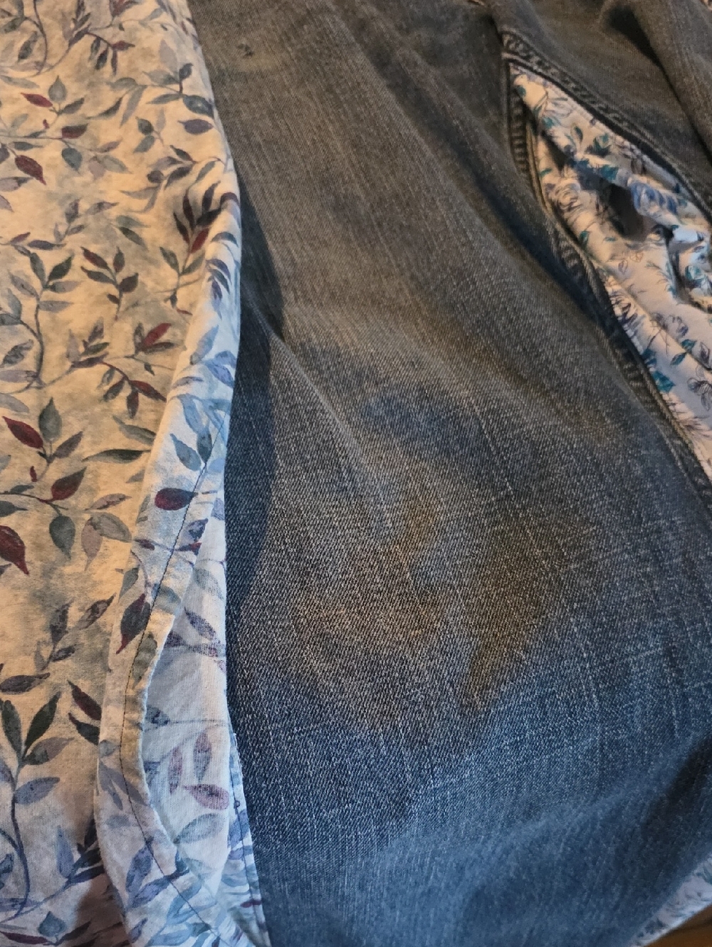 HAND CRAFTED Wrap Jeans UPCYCLED Blue Denim Tie Front Floral Flowers Size XL - Picture 10 of 16